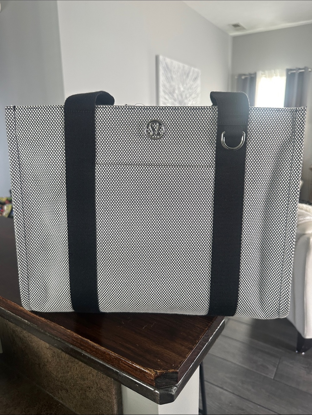 lululemon athletica Black and White Woven Tote with Black Straps